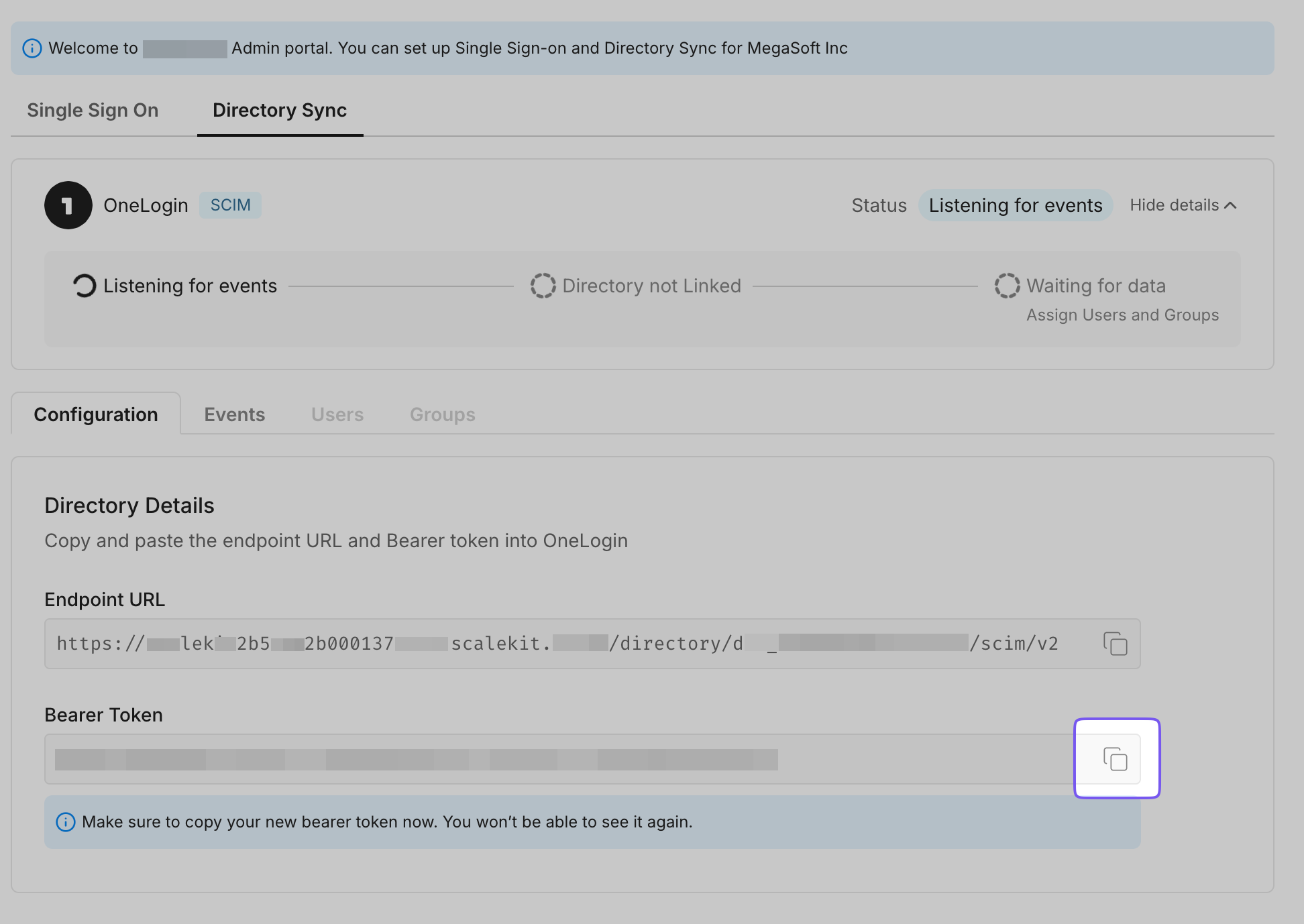 OneLogin directory sync setup: Endpoint URL and one-time visible bearer token provided