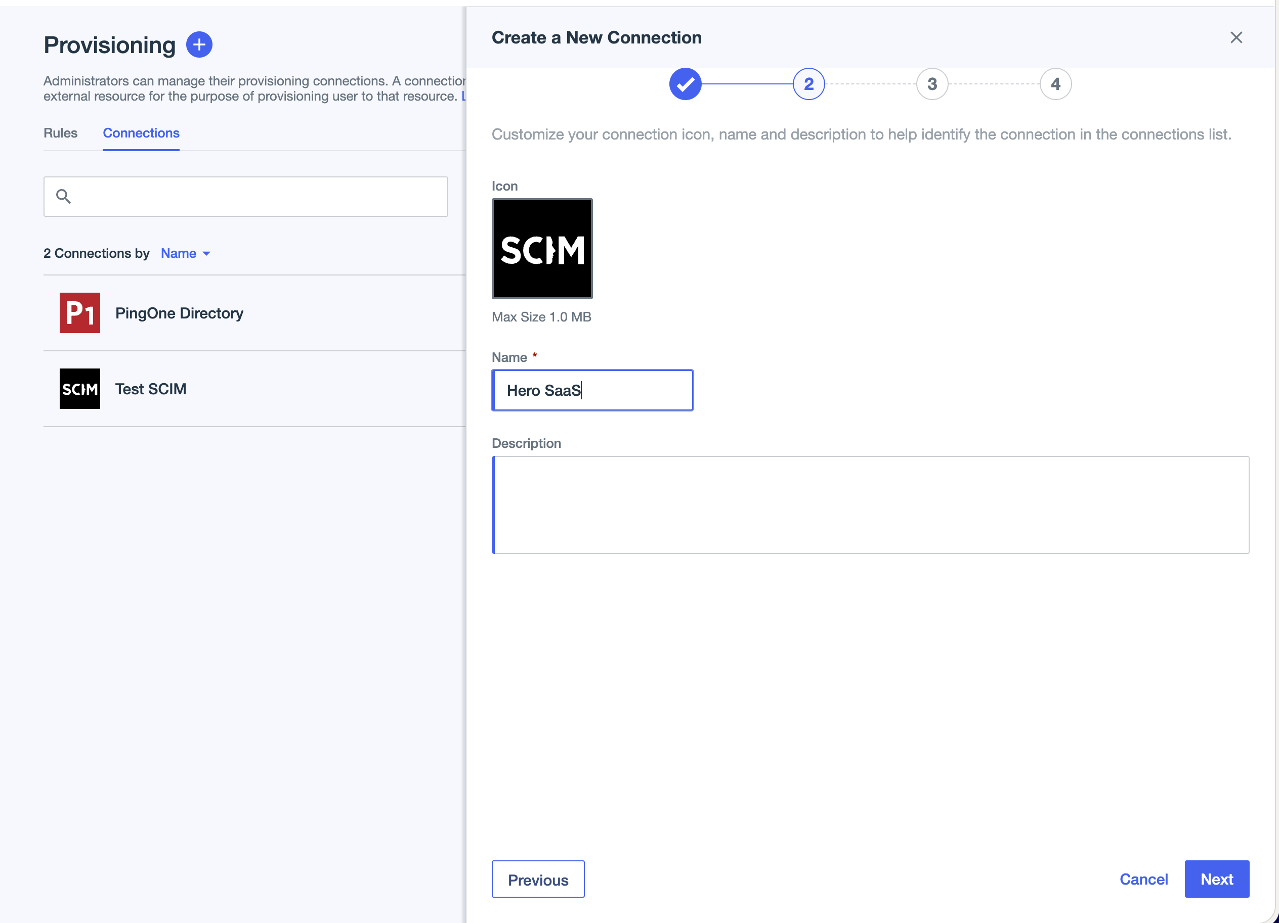 Name and Description fields for connection