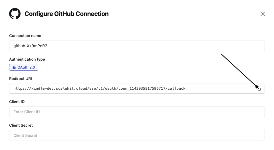 Configure GitHub Connection with redirect URI