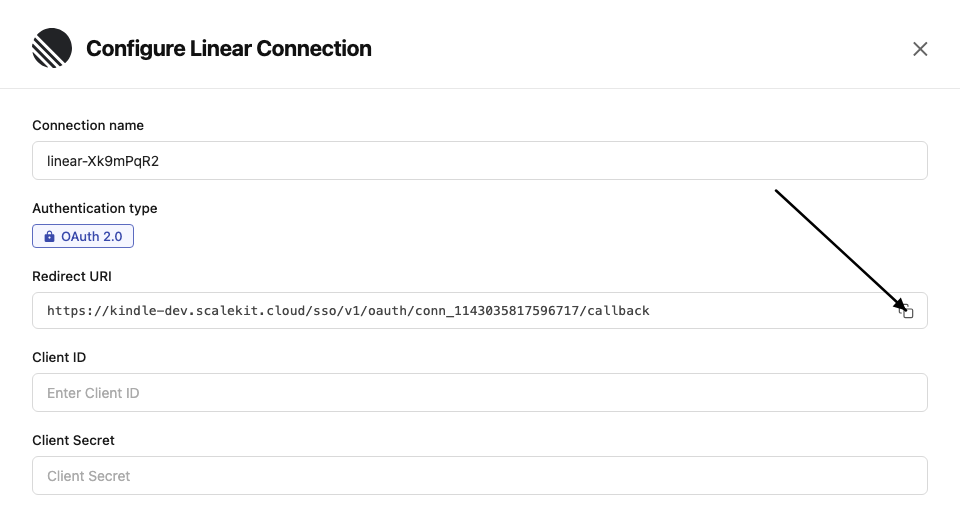 Copy the redirect URI from the Scalekit Linear connection setup