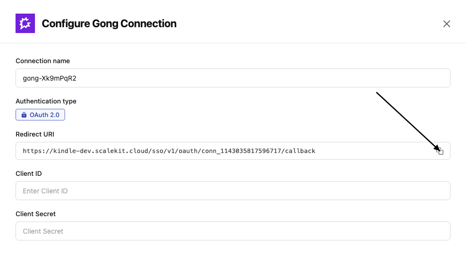 Configure Gong Connection with redirect URI
